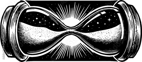Cosmic hourglass with stardust and eclipse shadow - celestial timepiece illustration
