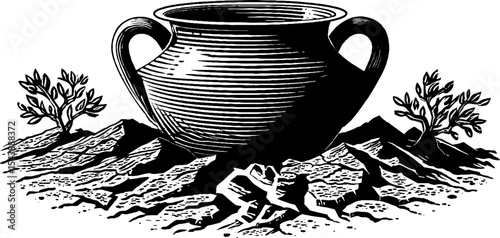 Ancient amphora with twin handles and cracked texture in black and white art