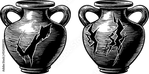 Cracked amphora with twin handles in black and white design for historical art concepts