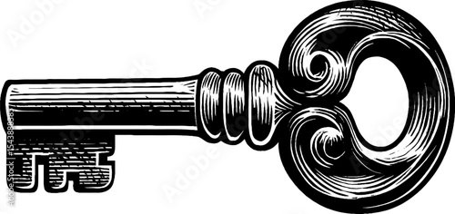 Intricate cracked antique key woodcut in black and white for vintage designs