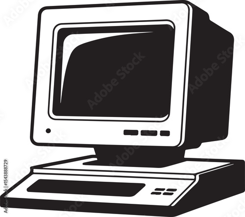 Vintage desktop computer silhouette representing old technology and retro computing devices with nostalgic vector appeal