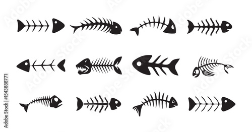 Fish bone icons, fishbone isolated skeleton vector silhouettes. Set of fish bone icons, vector illustration eps 10.