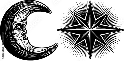 Black and white crescent moon with dot star symbol art for celestial design