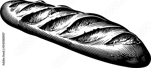 Rustic crusty baguette with cracked surface in black and white design for bakery art