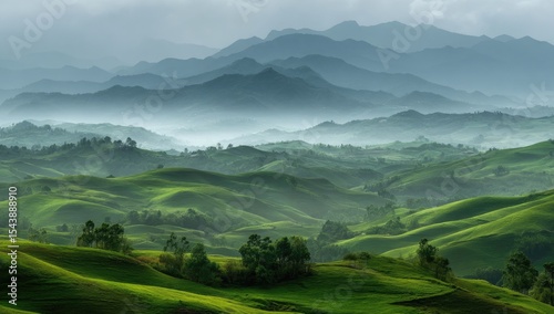 Misty, rolling green hills and distant, hazy mountains under a muted sky
