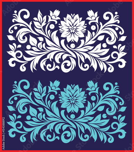 Ornate Floral Vector Design in White and Cyan

