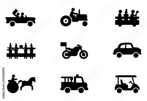 Transportation Icons Car, Tractor, Motorcycle, Horse Carriage, Golf Cart, and More