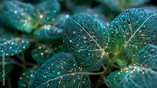 Glowing leaves with intricate circuit patterns nature meets technology