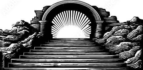 Ancient ruins with crumbling archway and staircase in black and white design for artistic inspiration