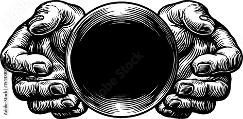 Mystical fortune telling concept with hands holding crystal ball in black and white