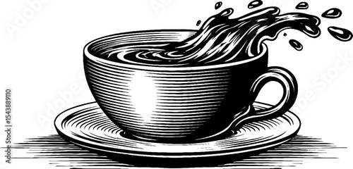 Black and white cup spilling water on table - artistic perspective for design