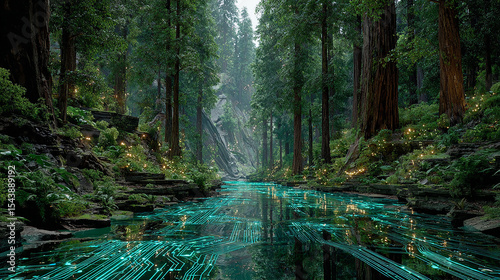 Enchanting forest stream glowing with digital pathways nature and technology unite
