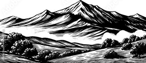 Serene mountain landscape in black and white with dense fog rolling over hills