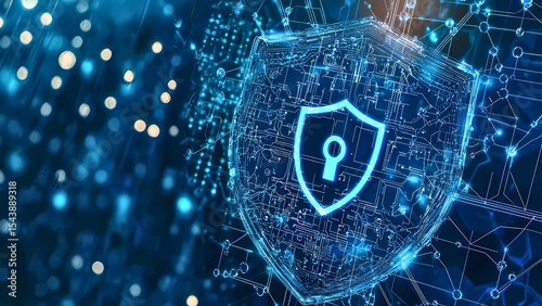 Cybersecurity shield digital protection concept. A glowing blue shield with a keyhole in the center, surrounded by data streams.  