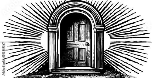 Mysterious door surrounded by radiant circle of light in monochrome design