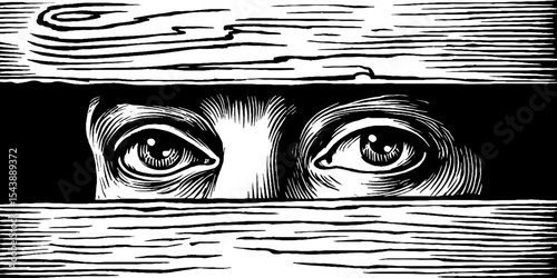 Mysterious eyes peering through wooden slot for suspenseful design concepts