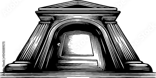 Mysterious floating doorway with glowing frame in monochrome design