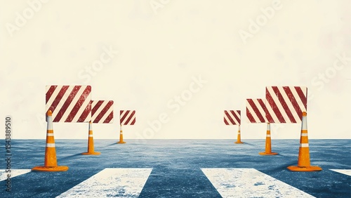 Road signs and traffic cones, signaling a temporary closure or construction area. The striped barriers and orange cones emphasize the presence of a designated, safety-focused zone