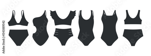 Set of black silhouettes of women’s swimwear. Swimsuit and bikini. Vector illustration.
