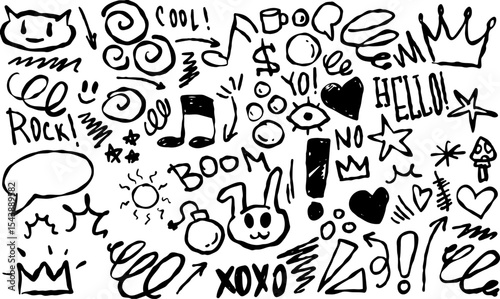 Doodle illustration with sketchy hearts, stars, flowers and music symbols. Hand drawn for decorative and playful designs.