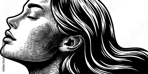 Elegance and grace in black and white: woman's profile with flowing hair for artistic design