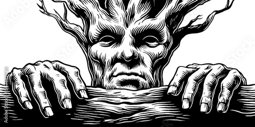 Enigmatic dryad emerging from tree with extended arms in monochrome art