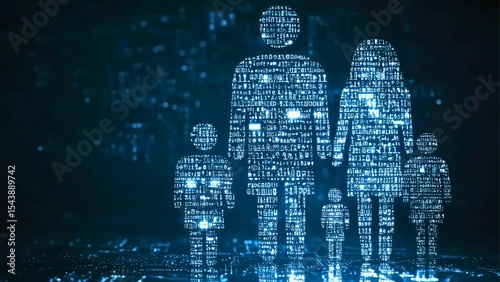 Digital representation of a family, a concept that blends technology with familial bonds. The image uses digital codes