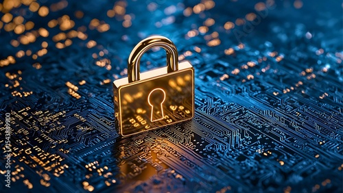 A golden padlock symbolizes cybersecurity, data protection, and online safety. The padlock is set against a detailed circuit board, representing digital security