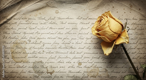 A vintage handwritten letter with a yellow rose resting on top of the paper surface