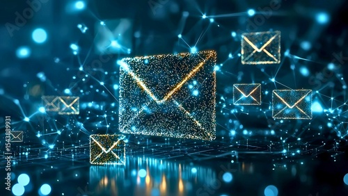 Email symbols floating amidst a network of digital data, suggesting the interconnectedness of modern communication