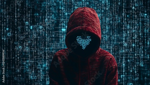 A mysterious figure wearing a red hoodie with a digital heart, stands against a backdrop of binary code