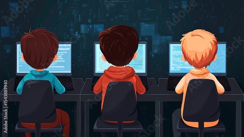 Three boys sitting at computers, working on programming projects together. They're focused and engrossed in their tasks. The image has a dark blue background.