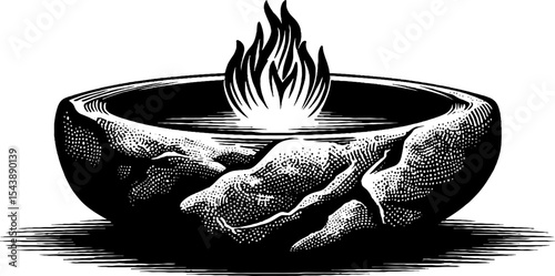 Mystical flame hovering over ancient stone bowl with sacred ring design