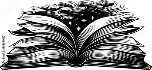 Magical floating book with stardust trail for fantasy and imagination themes