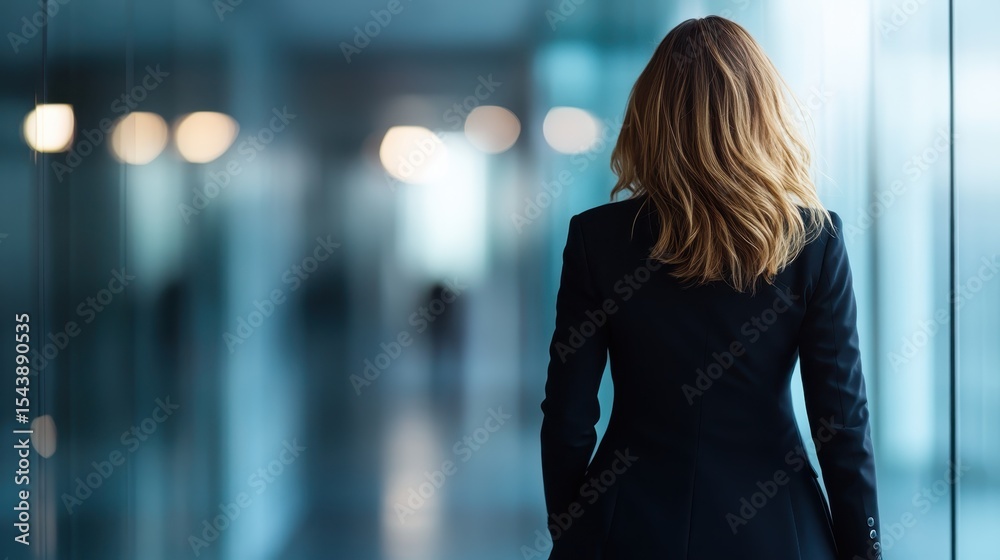 Fototapeta premium A business woman confidently walks away in a modern office setting, embodying determination and professionalism as she prepares for the challenges ahead.