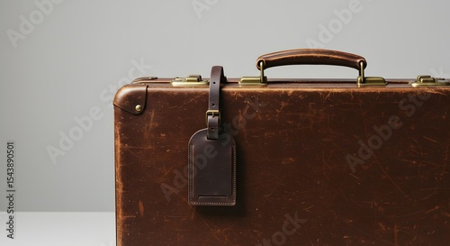 A leather luggage tag on vintage train case