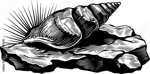 Fossilized shell on stone art in black and white for nature and geology themes