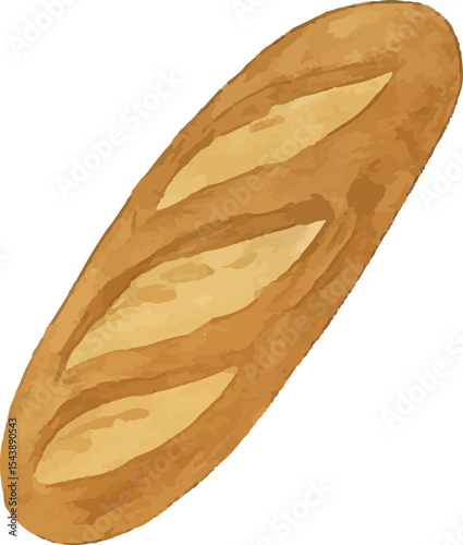 Classic French baguette illustration, showcasing crusty texture and rustic appeal in a vintage style, ideal for bakery and Parisian themes