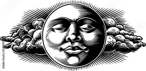 Mystical full moon with face and surrounding clouds design for art print