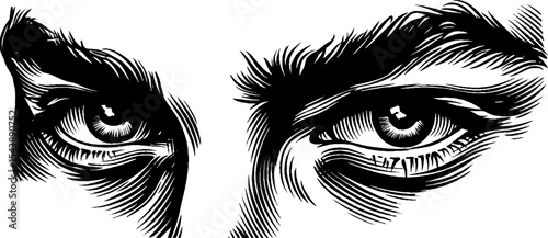 Intense gaze with furrowed brow in black and white art design