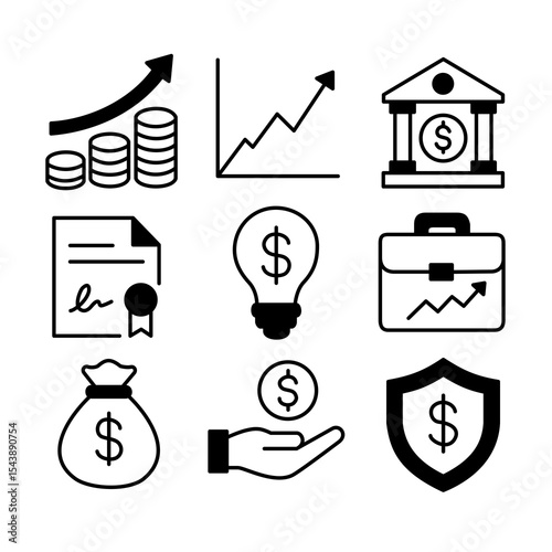 A set of finance and business icons illustrates economic growth, investment, banking, savings, protection, and innovation, supporting clear communication in financial planning and corporate strategy.
