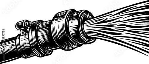 Black and white garden hose spraying water for outdoor gardening concepts