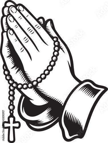 Praying hands silhouette with rosary and cross symbolizing faith, devotion, and spiritual connection in religious vector artwork