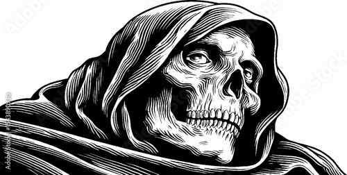 Mysterious hooded ghostly figure with flowing cloak and hollow eyes for halloween decor