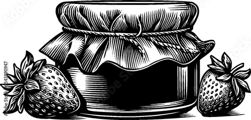 Rustic strawberry jam jar with fabric lid and fresh berries illustration