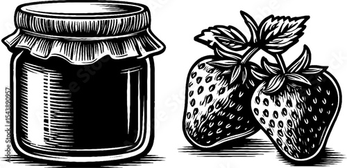 Rustic strawberry jam jar with fabric lid and fresh strawberries design for culinary decor