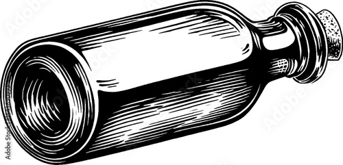Black and white glass milk bottle with cork on wooden surface design