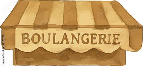 Charming Parisian bakery awning with "BOULANGERIE" sign, illustrated in a warm vintage style with striped canopy, evoking French bakery culture and urban charm, perfect for travel and food designs