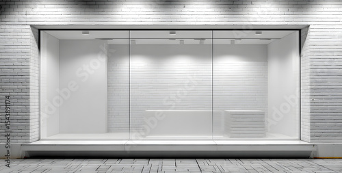 Empty storefront window display with clean glass and white brick wall background, minimal layout concept for advertising, branding or design mockup.  photo