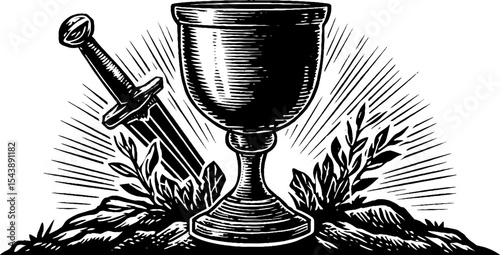 Ornate goblet of mead with dagger and foliage in black and white design